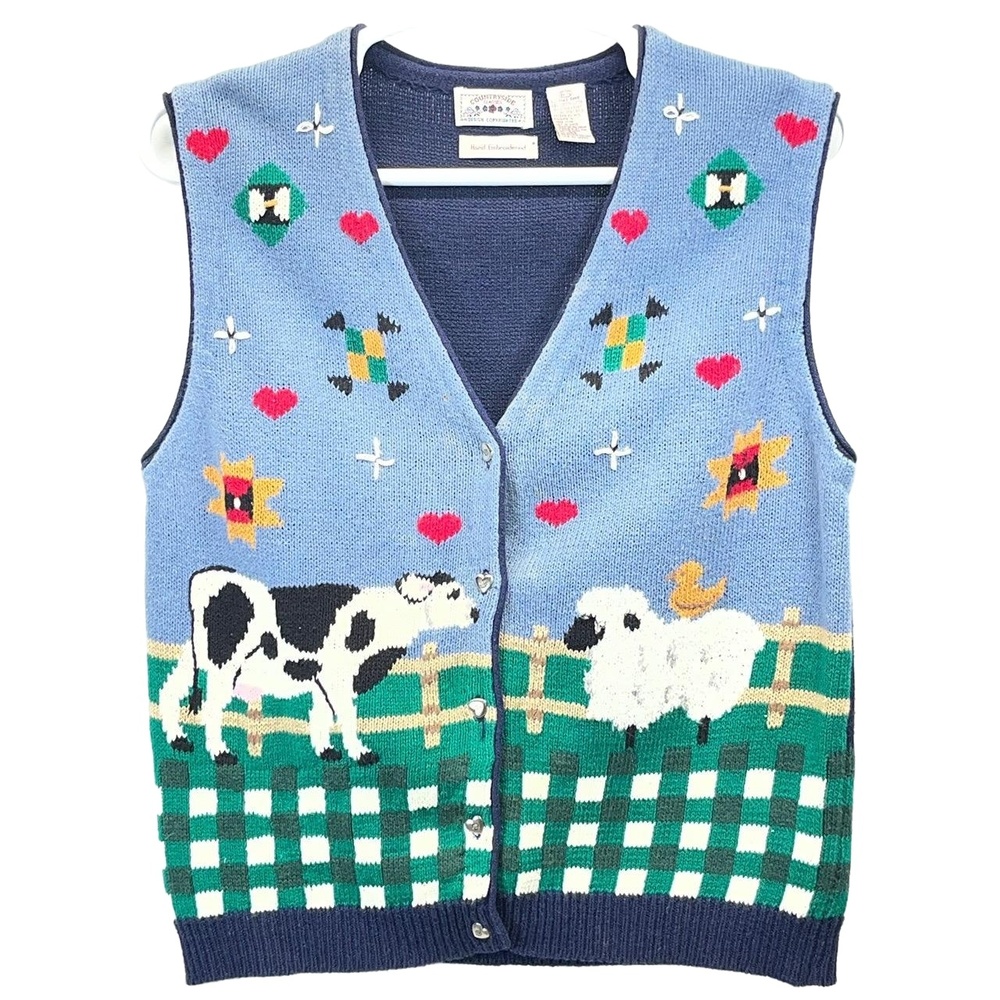 Vintage Countryside Classics Womens Hand Knit Farm Scene Cottage‎ Core Vest XLTG